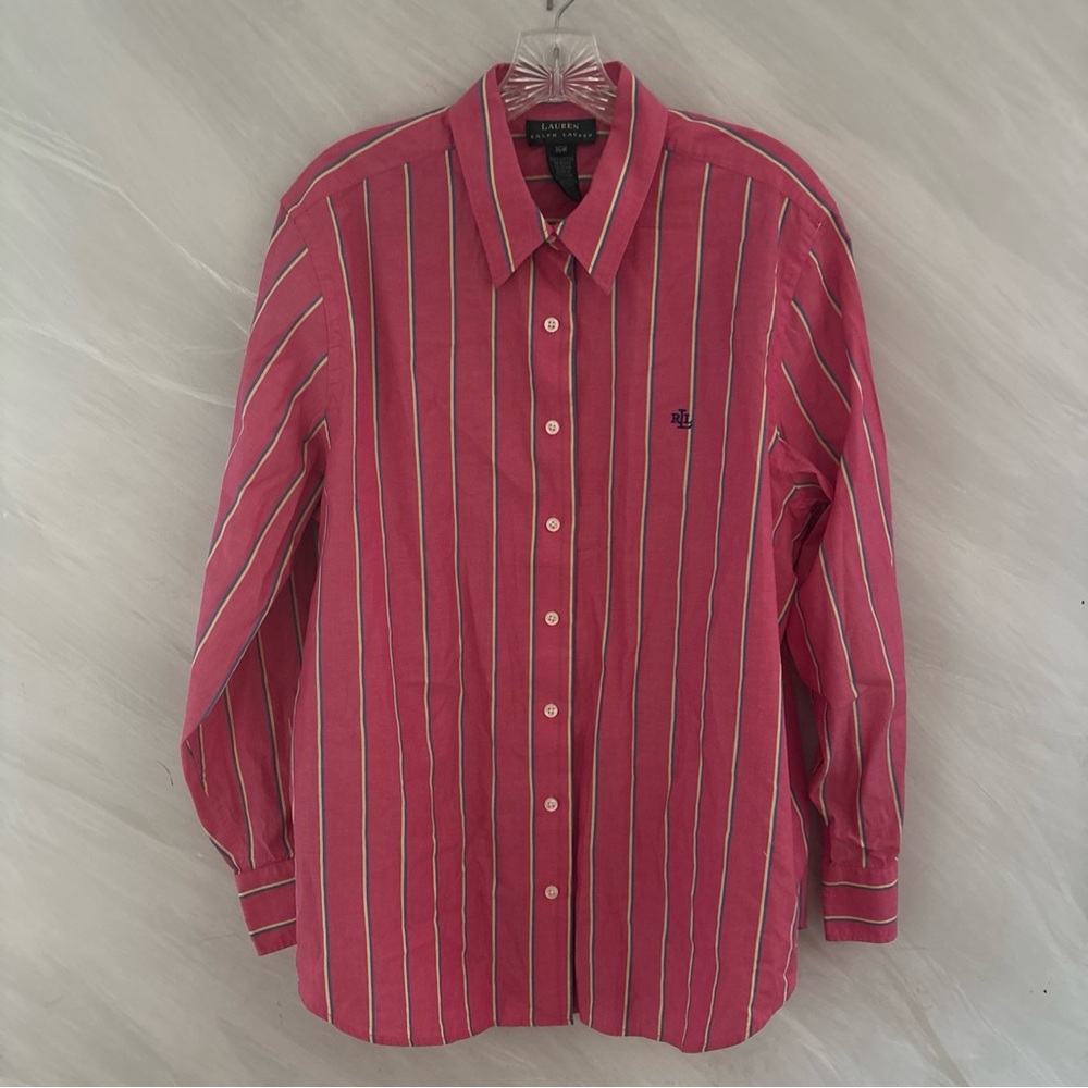 Lauren Ralph Lauren 16W Pink w/ Stripes Button Up Long Sleeve Blouse VTG preppy